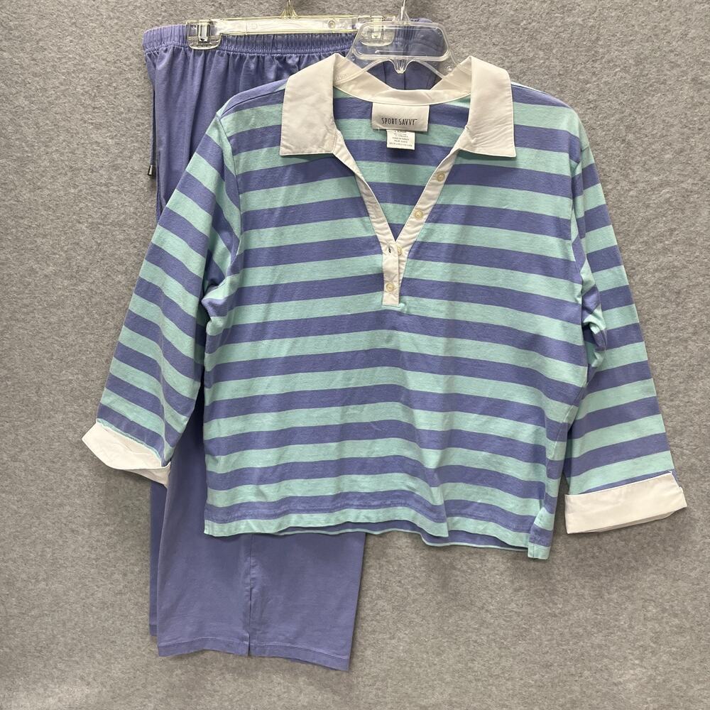 Sport Savvy Women's 2-Piece Set Striped Half Sleeve Top Pants Blue L